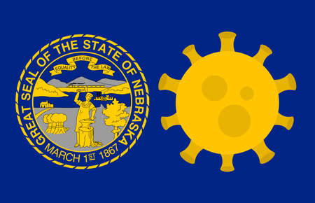Flag of Nebraska State With Outbreak Viruses Background of USA State flag. Novel Coronavirus Disease COVID-19. Coronavirus Infection And The Epidemic In America. USA Lockdown.のイラスト素材