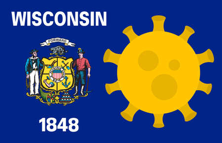 Flag of Wisconsin State With Outbreak Viruses Background of USA State flag. Novel Coronavirus Disease COVID-19. Coronavirus Infection And The Epidemic In America. USA Lockdown.のイラスト素材