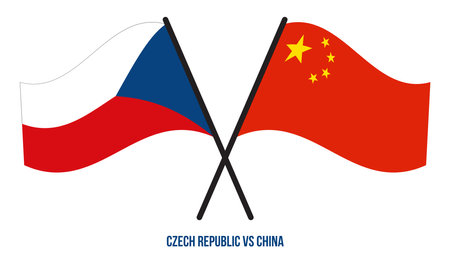 Czech Republic and China Flags Crossed And Waving Flat Style. Official Proportion. Correct Colors.のイラスト素材