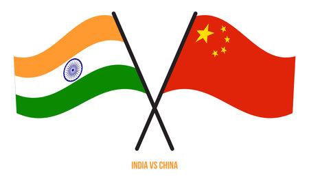 India and China Flags Crossed And Waving Flat Style. Official Proportion. Correct Colors.のイラスト素材