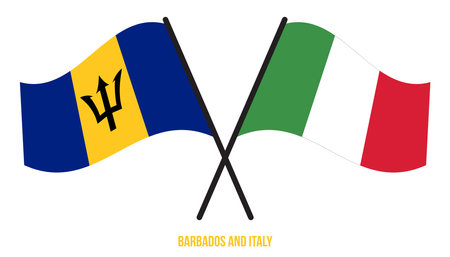 Barbados and Italy Flags Crossed And Waving Flat Style. Official Proportion. Correct Colors.のイラスト素材
