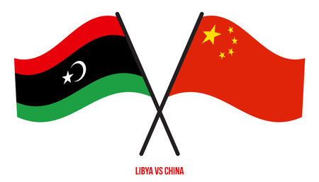 Libya and China Flags Crossed And Waving Flat Style. Official Proportion. Correct Colors.のイラスト素材