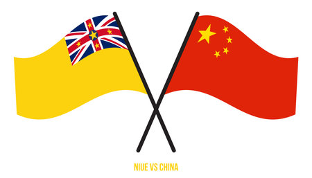 Niue and China Flags Crossed And Waving Flat Style. Official Proportion. Correct Colors.のイラスト素材