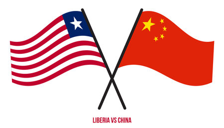Liberia and China Flags Crossed And Waving Flat Style. Official Proportion. Correct Colors.のイラスト素材