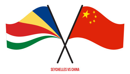 Seychelles and China Flags Crossed And Waving Flat Style. Official Proportion. Correct Colors.のイラスト素材