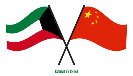 Kuwait and China Flags Crossed And Waving Flat Style. Official Proportion. Correct Colors.のイラスト素材