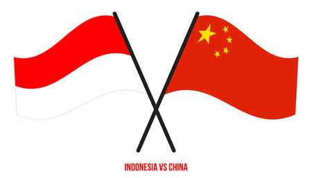 Indonesia and China Flags Crossed And Waving Flat Style. Official Proportion. Correct Colors.のイラスト素材