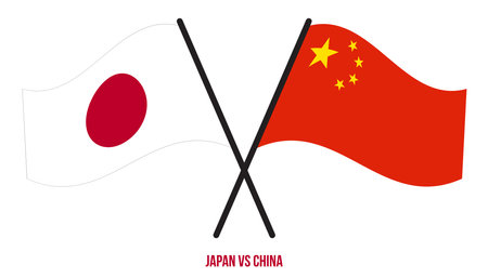 Japan and China Flags Crossed And Waving Flat Style. Official Proportion. Correct Colors.のイラスト素材