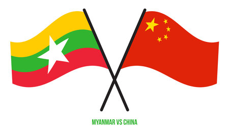 Myanmar and China Flags Crossed And Waving Flat Style. Official Proportion. Correct Colors.のイラスト素材