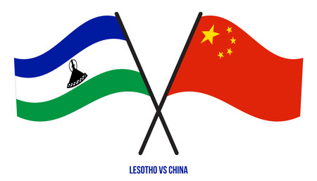 Lesotho and China Flags Crossed And Waving Flat Style. Official Proportion. Correct Colors.のイラスト素材