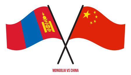 Mongolia and China Flags Crossed And Waving Flat Style. Official Proportion. Correct Colors.のイラスト素材