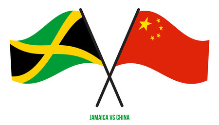 Jamaica and China Flags Crossed And Waving Flat Style. Official Proportion. Correct Colors.のイラスト素材