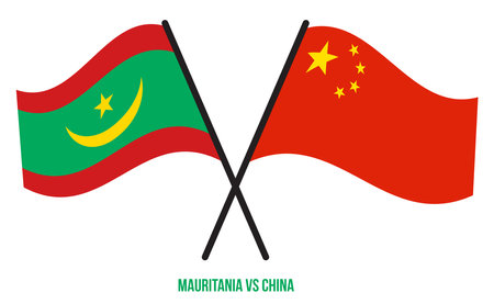 Mauritania and China Flags Crossed And Waving Flat Style. Official Proportion. Correct Colors.のイラスト素材
