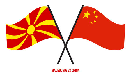 Macedonia and China Flags Crossed And Waving Flat Style. Official Proportion. Correct Colors.のイラスト素材