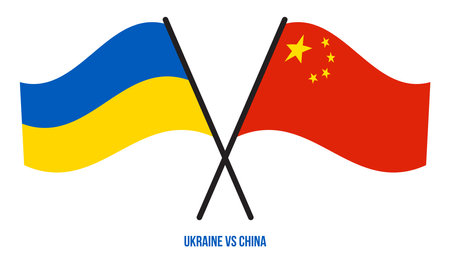 Ukraine and China Flags Crossed And Waving Flat Style. Official Proportion. Correct Colors.のイラスト素材