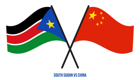 South Sudan and China Flags Crossed And Waving Flat Style. Official Proportion. Correct Colors.のイラスト素材