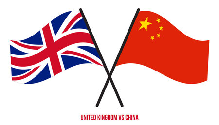United Kingdom and China Flags Crossed And Waving Flat Style. Official Proportion. Correct Colors.のイラスト素材
