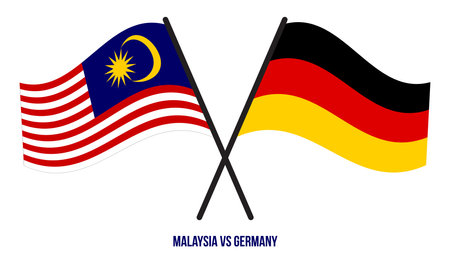 Malaysia and Germany Flags Crossed And Waving Flat Style. Official Proportion. Correct Colors.のイラスト素材
