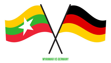 Myanmar and Germany Flags Crossed And Waving Flat Style. Official Proportion. Correct Colors.のイラスト素材