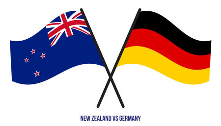 New Zealand and Germany Flags Crossed And Waving Flat Style. Official Proportion. Correct Colors.のイラスト素材