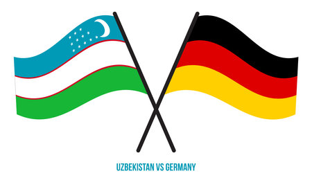 Uzbekistan and Germany Flags Crossed And Waving Flat Style. Official Proportion. Correct Colors.のイラスト素材