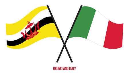 Brunei and Italy Flags Crossed And Waving Flat Style. Official Proportion. Correct Colors.のイラスト素材
