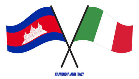 Cambodia and Italy Flags Crossed And Waving Flat Style. Official Proportion. Correct Colors.のイラスト素材
