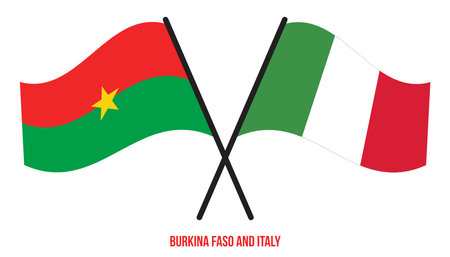 Burkina Faso and Italy Flags Crossed And Waving Flat Style. Official Proportion. Correct Colors.のイラスト素材