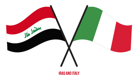 Iraq and Italy Flags Crossed And Waving Flat Style. Official Proportion. Correct Colors.のイラスト素材