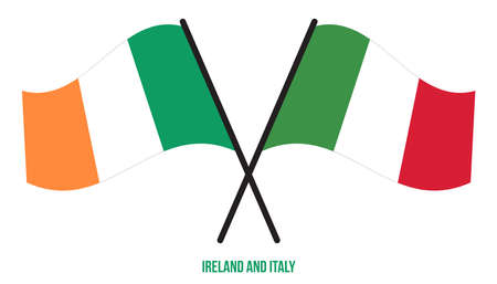 Ireland and Italy Flags Crossed And Waving Flat Style. Official Proportion. Correct Colors.のイラスト素材