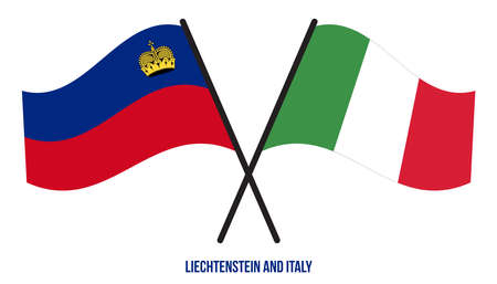 Liechtenstein and Italy Flags Crossed And Waving Flat Style. Official Proportion. Correct Colors.のイラスト素材