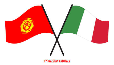 Kyrgyzstan and Italy Flags Crossed And Waving Flat Style. Official Proportion. Correct Colors.のイラスト素材