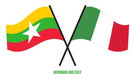 Myanmar and Italy Flags Crossed And Waving Flat Style. Official Proportion. Correct Colors.のイラスト素材