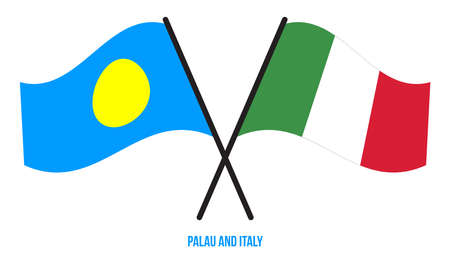 Palau and Italy Flags Crossed And Waving Flat Style. Official Proportion. Correct Colors.のイラスト素材