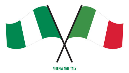 Nigeria and Italy Flags Crossed And Waving Flat Style. Official Proportion. Correct Colors.のイラスト素材