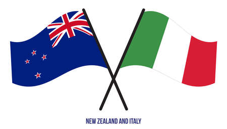 New Zealand and Italy Flags Crossed And Waving Flat Style. Official Proportion. Correct Colors.のイラスト素材