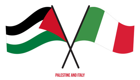 Palestine and Italy Flags Crossed And Waving Flat Style. Official Proportion. Correct Colors.のイラスト素材
