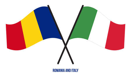 Romania and Italy Flags Crossed And Waving Flat Style. Official Proportion. Correct Colors.のイラスト素材