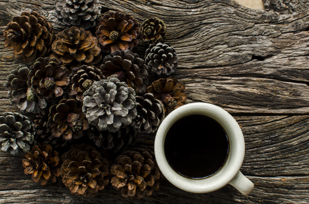 cup Coffee with Pine flower backgroundの写真素材