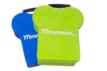 Isolated blue and green lunchboxesの写真素材