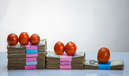 Stack of nigeria naira notes on white background wit tomatoesの写真素材