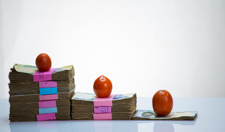 Stack of nigeria naira notes and tomatoes - increase in food commodityの写真素材