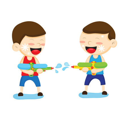 Two boys are playing with a water gunのイラスト素材