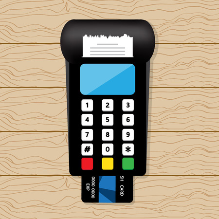 Pos terminal  on the wood background. Vector design for business.のイラスト素材