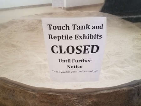 touch tank closed sign with glass and sand