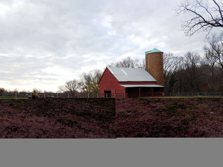 red barn with silo and cow grazing on grass on farmの写真素材