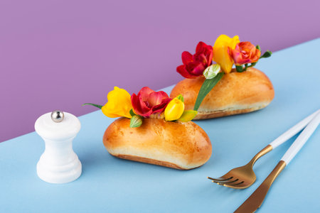 hot dogs with flowersの写真素材