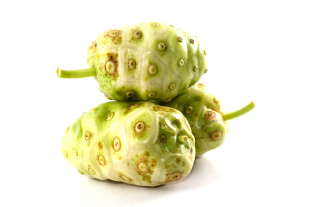 Noni Fruit isolated on white background. Noni chapter contains carbohydrates, fiber,の写真素材