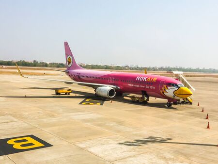 UDONTHANI, THAILAND - May 22 - Nokair airplane about to take off from Ubon Ratchathani airport to Bangkok Don Muang Airport, thailand. May 22, 2014 in Ubon Ratchathani, Thailandのeditorial素材