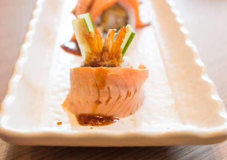 Raw fresh Salmon sushi roll maki - japanese food-7の写真素材